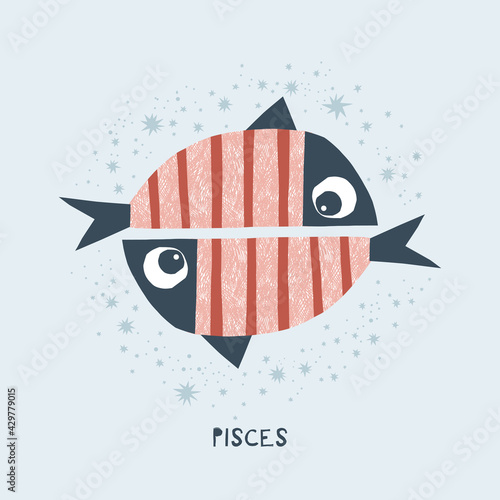 Virgo zodiac character nursery poster. Cartoon fishes horoscope vector illustration. Magical Boho baby spiritual astrological design. Scandinavian decorative childish print.