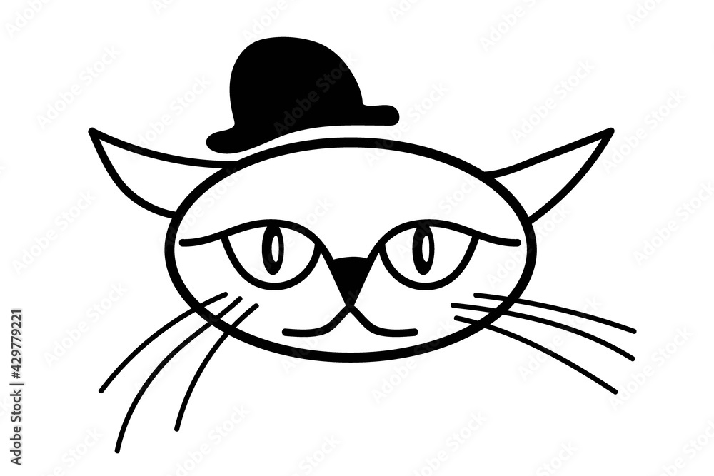Cat wearing hat. Hand drawn vector illustration of cat face. Cat