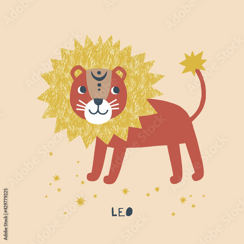 Leo zodiac character nursery poster. Cartoon horoscope vector illustration. Magical Boho baby spiritual astrological design. Scandinavian decorative childish print.