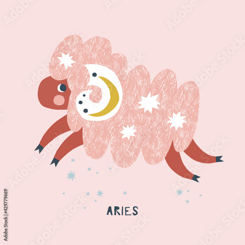 Aries zodiac character nursery poster. Cute cartoon sheep horoscope vector illustration. Magical Boho baby spiritual astrological design. Scandinavian decorative childish print.