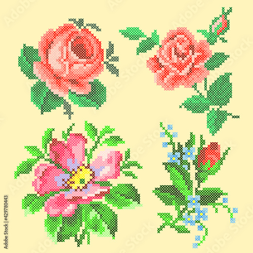 set of cross stitch flowers