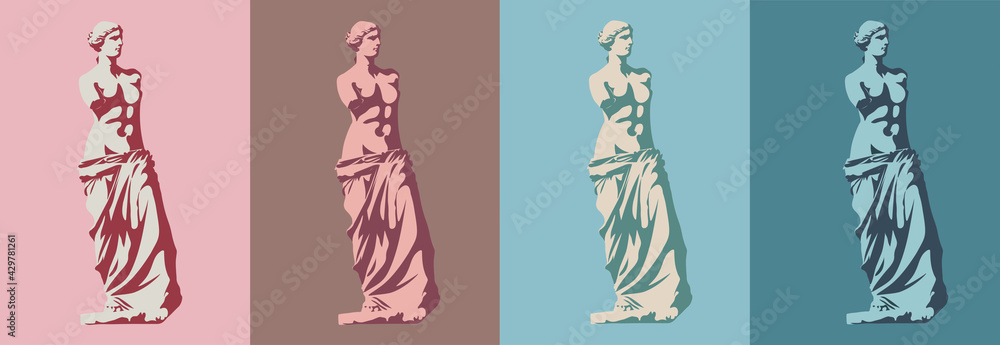 Statue of Venus de Milo (goddess of love) in four colors. Styling and separation into light and shadow. Vector illustration, EPS 10. The concept of classical sculpture in the style of pop art.Isolated Statue of Venus de Milo (goddess of love) in four colors. Styling and separation into light and shadow. Vector illustration, EPS 10. The concept of classical sculpture in the style of pop art.Isolated