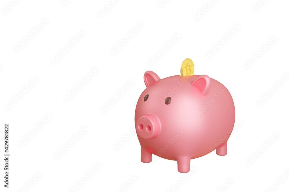 Money saving security idea. Put golden bitcoin in piggy bank. Crypto currency saving. Modern lifestyle in earning and saving. Pink piggy bank 3D rendering illustration isolated on a white background. Money saving security idea. Put golden bitcoin in piggy bank. Crypto currency saving. Modern lifestyle in earning and saving. Pink piggy bank 3D rendering illustration isolated on a white background.
