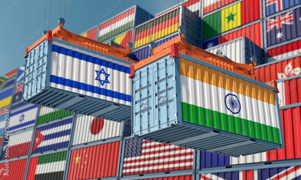 Fototapeta premium Freight containers with Israel and India national flags. 3D Rendering 