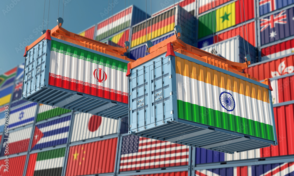Freight containers with Iran and India national flags. 3D Rendering Freight containers with Iran and India national flags. 3D Rendering