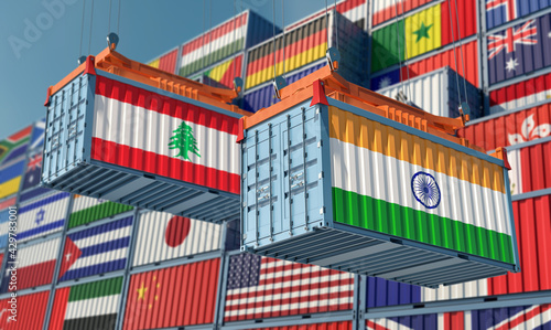 Freight containers with Lebanon and India national flags. 3D Rendering 