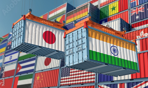 Freight containers with Japan and India national flags. 3D Rendering 