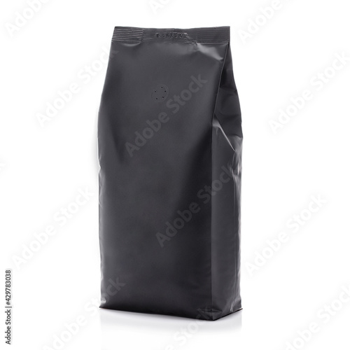 Realistic black coffee packaging mockup isolated on white background