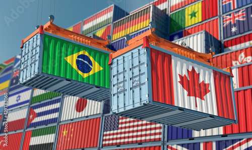 Freight containers with Brazil and Canada national flags. 3D Rendering 