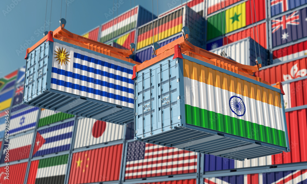 Freight containers with Uruguay and India national flags. 3D Rendering Freight containers with Uruguay and India national flags. 3D Rendering