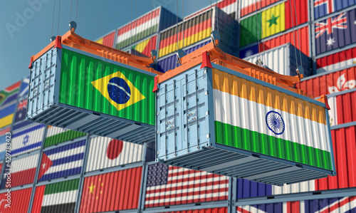 Freight containers with Brazil and India national flags. 3D Rendering 