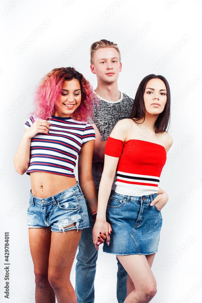 Fototapeta premium company of hipster guys, blonde boy and girls students having fun together friends, diverse fashion style and races, lifestyle people concept isolated on white background