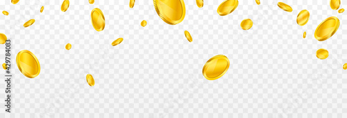Vector gold coins fall from the sky. PNG money, png coins. Explosion of coins on isolated transparent background. Easy Money. photo