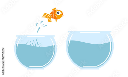 Goldfish jumping from small bowl to other bigger fishbowl. Flat vector illustration isolated on the white background.