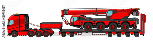 Red big heavy truck carrying crane isolated on white background. Elements 3d. Trucking, transportation, delivery, business. Vector illustration.
