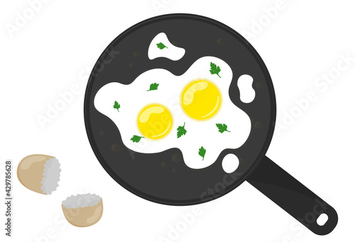 Fried eggs in a frying pan top view. Vector illustration. Cooking breakfast with oil