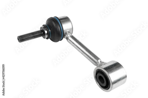 Front stabilizer isolated on white background. New car spare parts. Stabilizer link isolated. New rod connecting stabilizer link. Quality spare parts for car service or maintenance