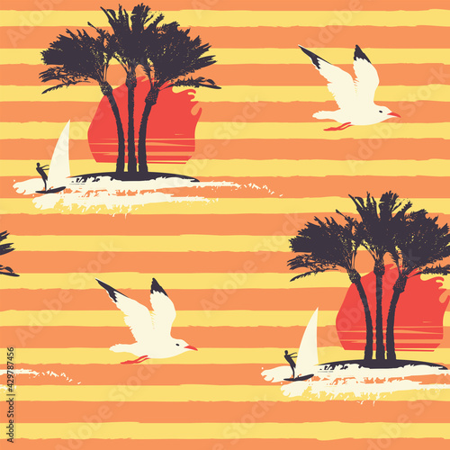 Tropical seamless pattern with silhouettes of palm trees, windsurfers and seagulls on a hot yellow striped backdrop. Repeating vector background in retro style on the theme of sea summer holidays