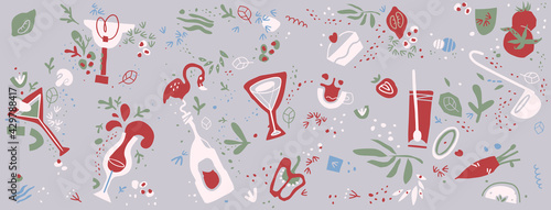 Food and drink on a neutral background. Horizontal web banner, printing on fabric, poster design element