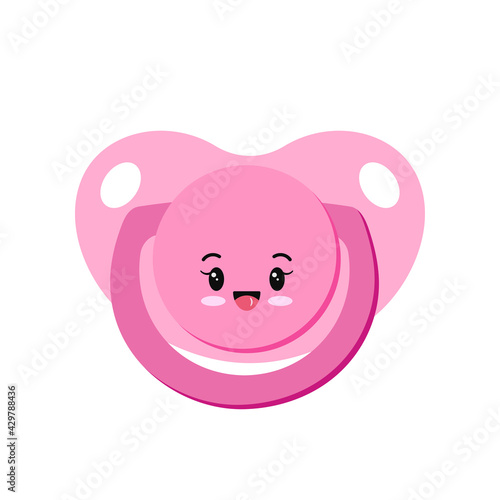 Pacifier baby dummy character vector icon isolated on white background. Sign of newborn pacifier baby dummies with face - pink for girl. Flat design cartoon style clip art illustration