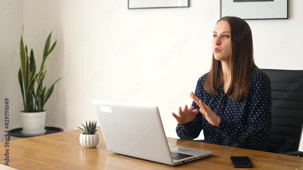 Confident businesswoman is holding video call on the laptop computer, sits in the modern office and talks online with customers or colleagues, has video meeting on the distance, Confident businesswoman is holding video call on the laptop computer, sits in the modern office and talks online with customers or colleagues, has video meeting on the distance,