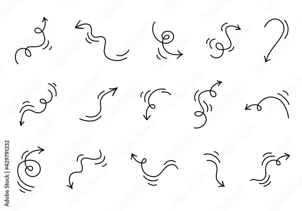 Hand drawn arrows set. Cartoon smooth swirling arrows. Graphic Vector illustration in a doodling style. Isolated on a white background. Hand drawn arrows set. Cartoon smooth swirling arrows. Graphic Vector illustration in a doodling style. Isolated on a white background.