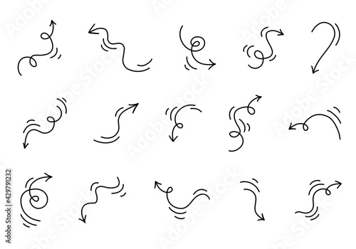 Hand drawn arrows set. Cartoon smooth swirling arrows. Graphic Vector illustration in a doodling style. Isolated on a white background.