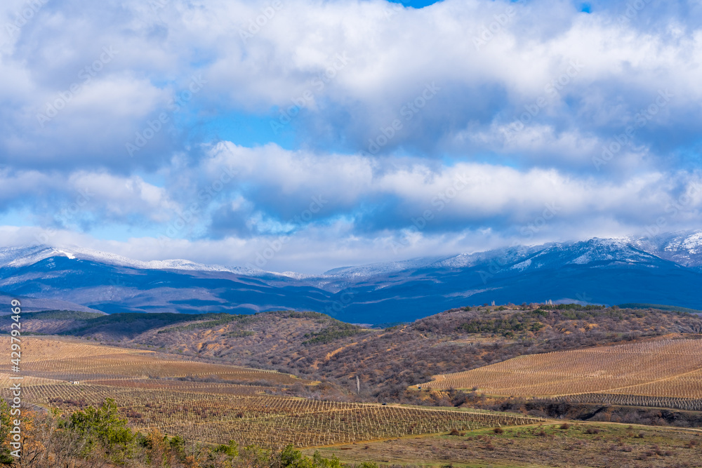 Panoramic view of the mountains. Spring vineyards and forests near the mountains and blue mountains covered with snow on the horizon