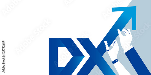 DX、ロボットとビジネスマンの手、上昇する矢印のイラスト、テキストスペース、ベクター素材