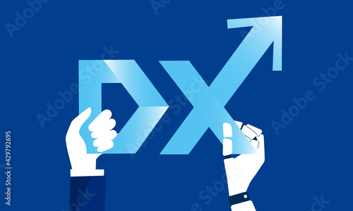 DXの文字を持つビジネスマンとロボットの手、ベクターイラスト