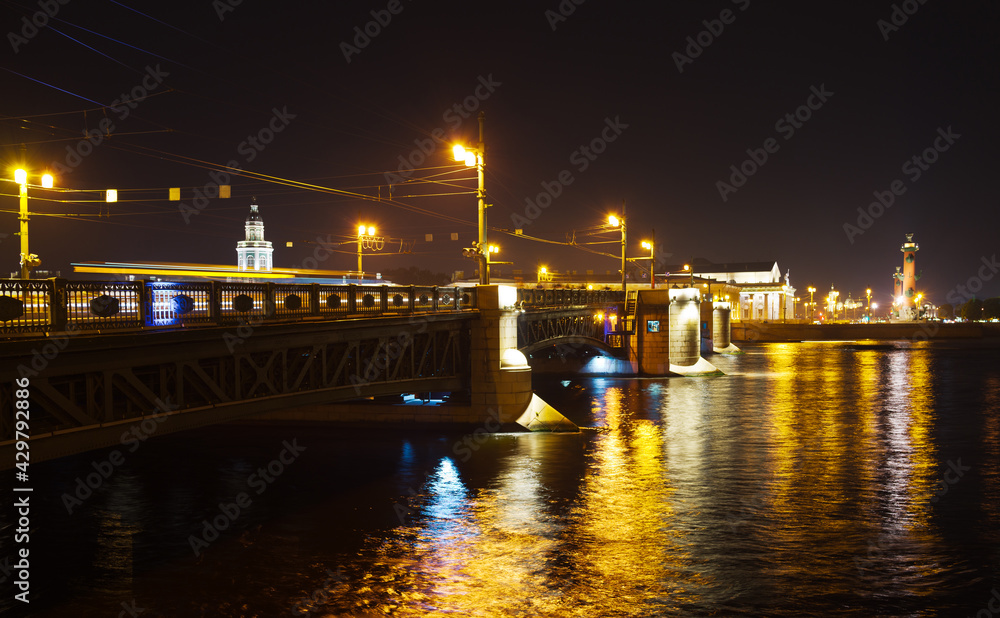 St. Petersburg at night. View of the Palace Bridge, the Neva River with color reflection and the embankment of Vasilievsky Island with Rastral Columns. Beautiful evening cityscape