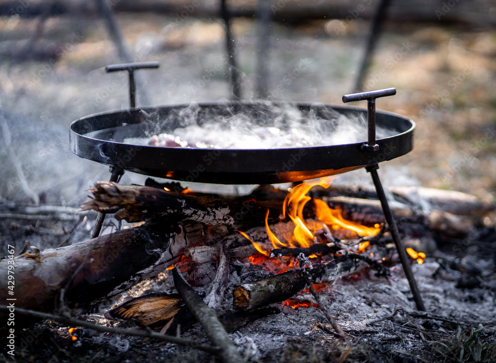cooking in the forest nature campfire with smoke and sun