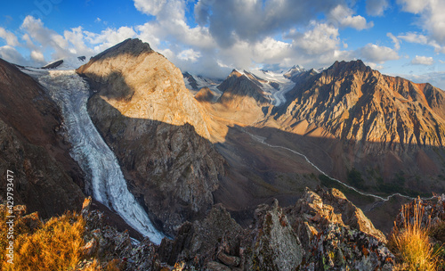 Altai Mountains in morning light, rocky peaks and glaciers