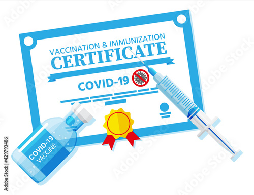 Covid-19 vaccination passport. Vaccinated health document as proof person is immune to disease. Coronavirus immune pass, syringe. Corona virus vaccine certification concept. Flat vector illustration