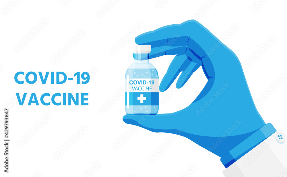 Hand in gloves holds bottle of vaccine. Coronavirus covid 19 vaccination concept. Injection syringe needles. Medical equipment. Healthcare, hospital and medical diagnostics. Flat vector illustration Hand in gloves holds bottle of vaccine. Coronavirus covid 19 vaccination concept. Injection syringe needles. Medical equipment. Healthcare, hospital and medical diagnostics. Flat vector illustration