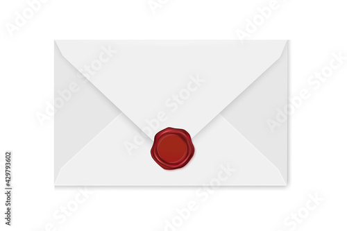 White mail envelope with a gold stamp on a light background.Vector illustration of the wax luxury seal.Design element.