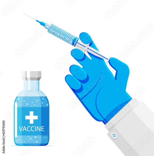 Ampoule and syringe with medicament. Coronavirus covid 19 vaccination concept. Injection syringe needles. Medical equipment. Healthcare, hospital and medical diagnostics. Flat vector illustration