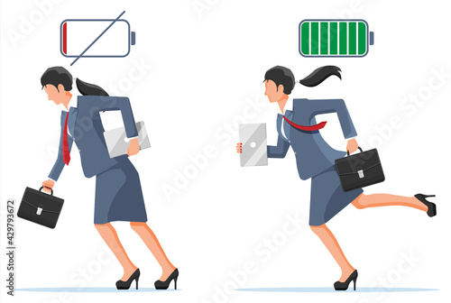 Businesswoman and life energy. Business woman with low battery and with high full level energy. Stressed overworked and vigorous female character in suit with briefcase. Flat vector illustration