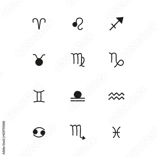 Zodiac sign vector clipart set isolated on white. Astrology symbol collection. Horoscope decorative graphic icon kit.