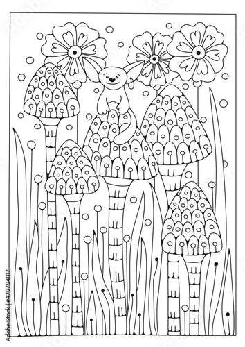 A fabulous cartoon animal sits on a flower in the garden. Coloring page. Illustration for coloring. Art therapy.