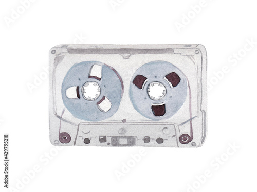 old audio cassette watercolor illustration isolated on white background photo