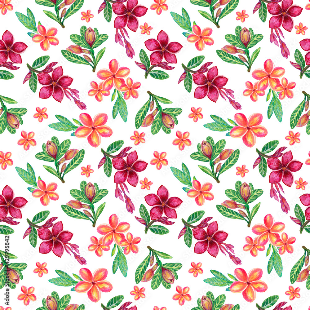 Seamless pattern with tropical flowers and leaves Decorative exotic jungle Plumeria Frangipani for textile texture Seamless pattern with tropical flowers and leaves Decorative exotic jungle Plumeria Frangipani for textile texture