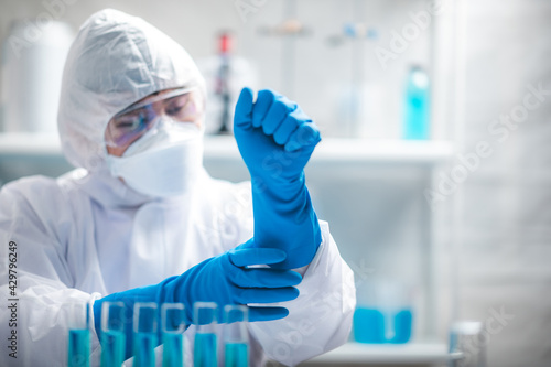 scientist or doctor wearing glove and mask for working in medicine laboratory, virus disease epidemic flu, protective uniform for health safety hygiene in clinic or hospital