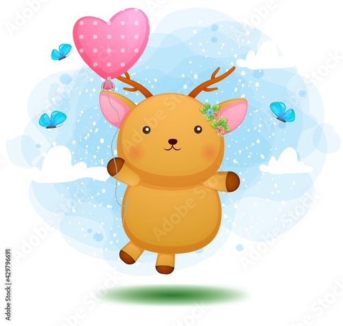 Dekoracja na wymiar  cute-doodle-baby-deer-flying-with-pink-balloon-premium-vector