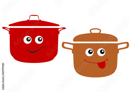 Red and brown cartoon saucepan in the set. Vector image.
