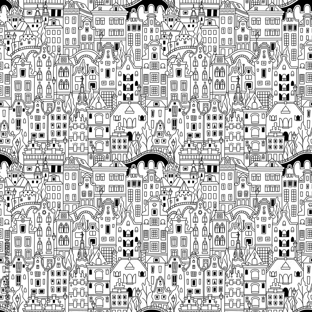 Black and white Seamless pattern with Amsterdam canal and typical dutch houses, Holland, Netherlands.