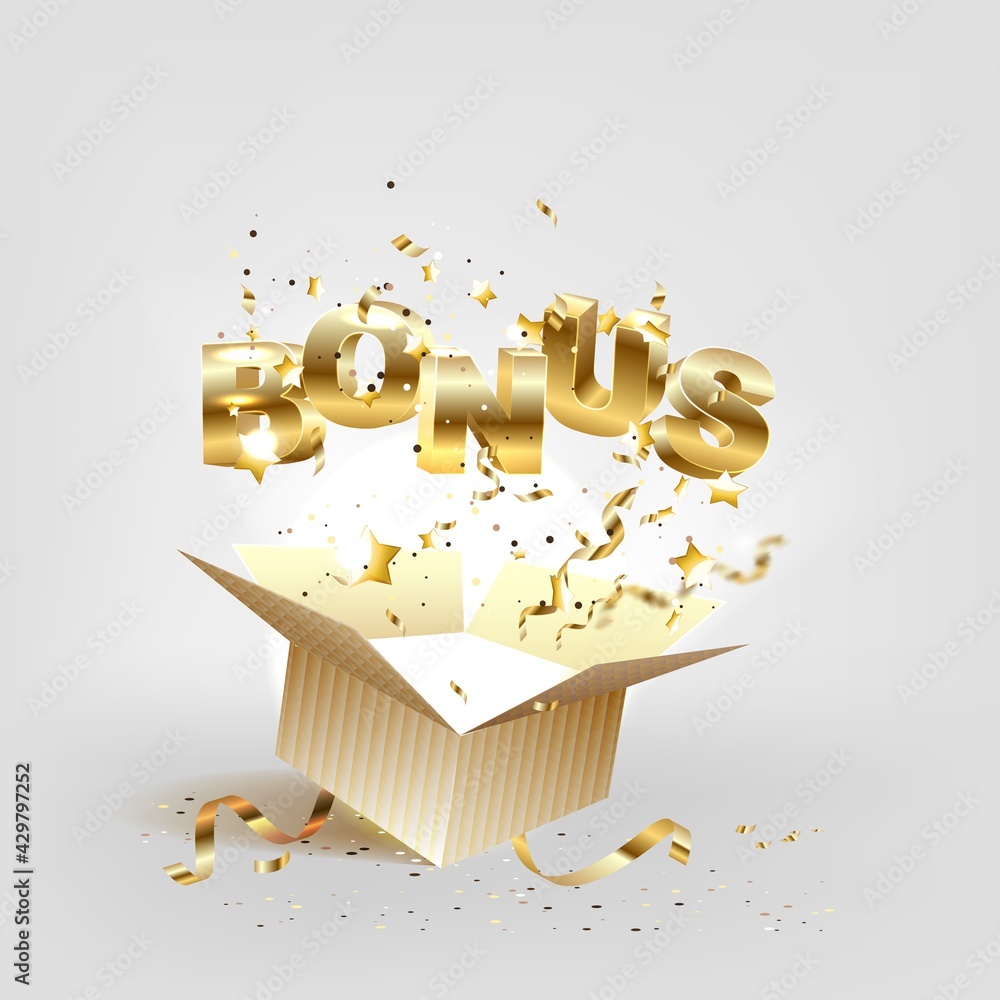 Open textured blue box with confetti explosion inside and win gold word ...