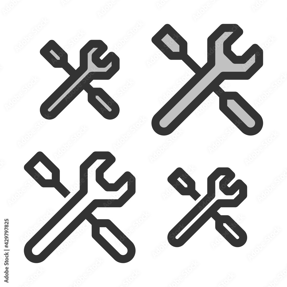 Pixel-perfect linear icon of screwdriver with spanner built on two base grids of 32x32 and 24x24 pixels. The initial line weight is 2 pixels. In two-color and one-color versions. Editable strokes Pixel-perfect linear icon of screwdriver with spanner built on two base grids of 32x32 and 24x24 pixels. The initial line weight is 2 pixels. In two-color and one-color versions. Editable strokes