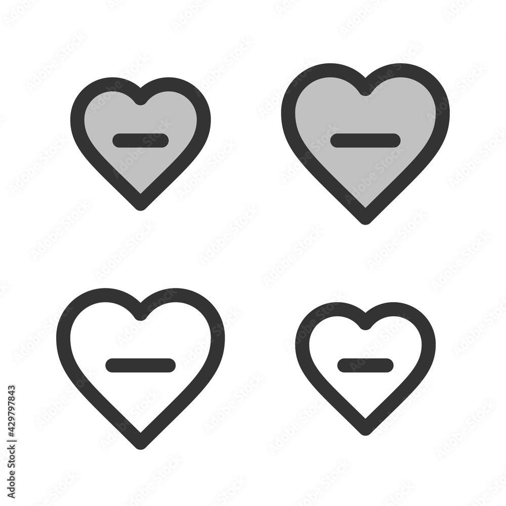 Pixel-perfect linear icon of heart with minus sign in built on two base grids of 32x32 and 24x24 pixels. The initial line weight is 2 pixels. In two-color and one-color versions. Editable strokes Pixel-perfect linear icon of heart with minus sign in built on two base grids of 32x32 and 24x24 pixels. The initial line weight is 2 pixels. In two-color and one-color versions. Editable strokes