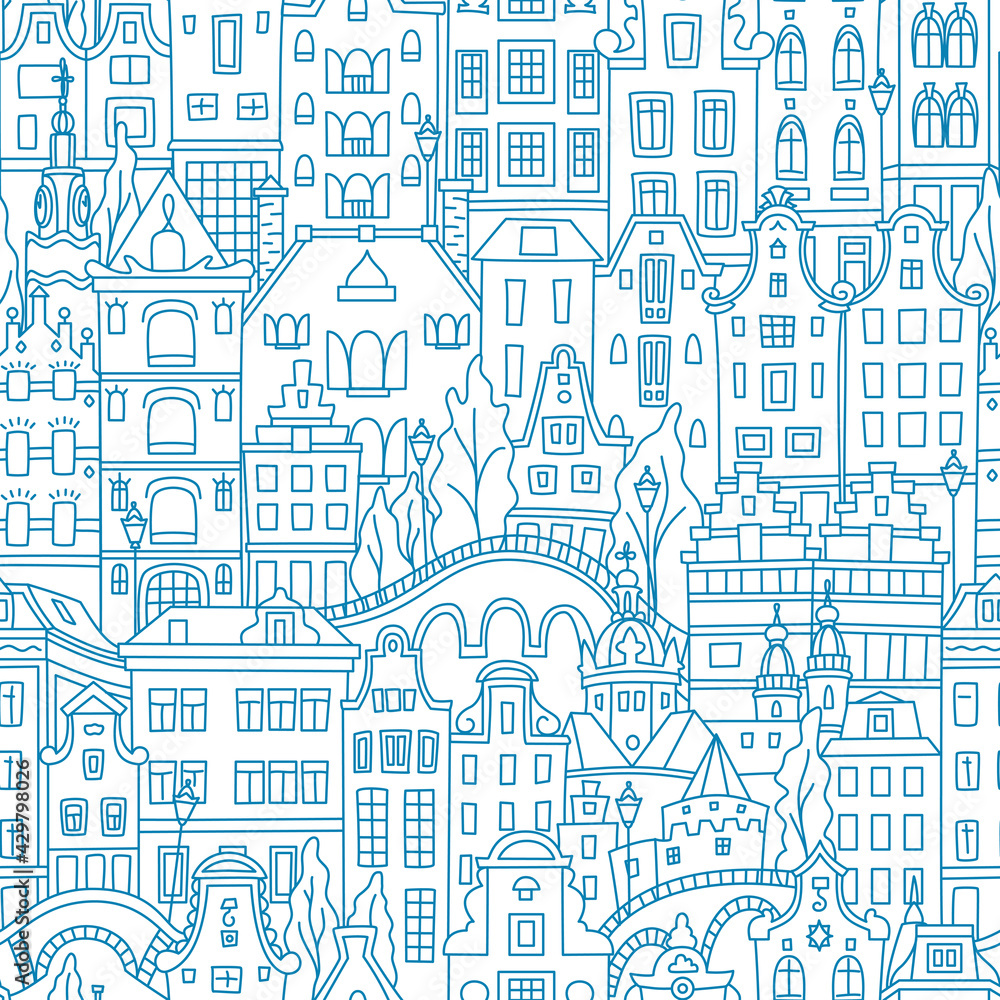 Fototapeta Blue Seamless pattern with Amsterdam canal and typical dutch houses, Holland, Netherlands.